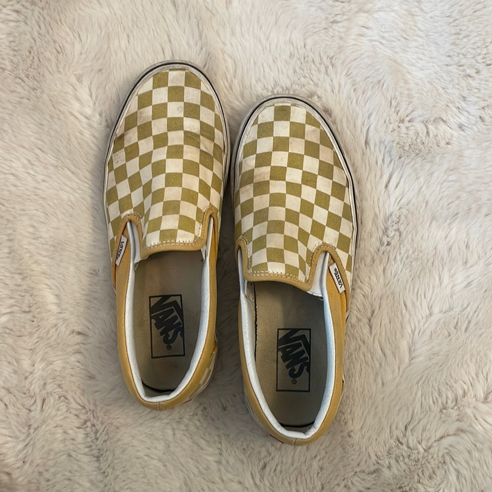 Yellow Checkered Vans Slide Ons